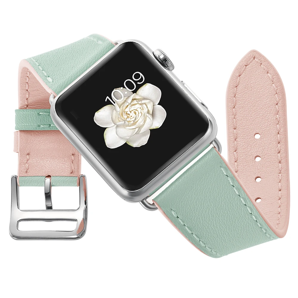 Мягкий кожаный спортивный ремешок для Apple Watch Series 4 3 2 1 контрастный цвет розовый