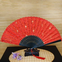 30 шт. нежные Красные Блестки цветочные кружева бамбуковый Карманный вентилятор для танцев Свадебная вечеринка Декоративный вентилятор для представления