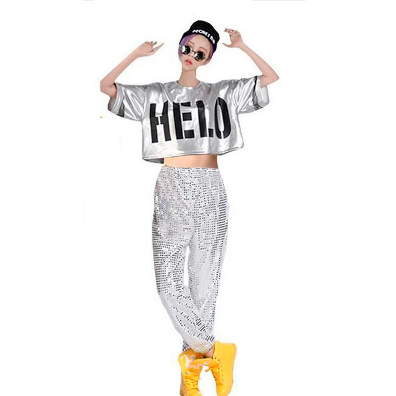 Женский сценический джазовый клуб Хип-хоп танцевальный комплект костюм с пайетками кроп-топ + длинные брюки комплект из двух предметов