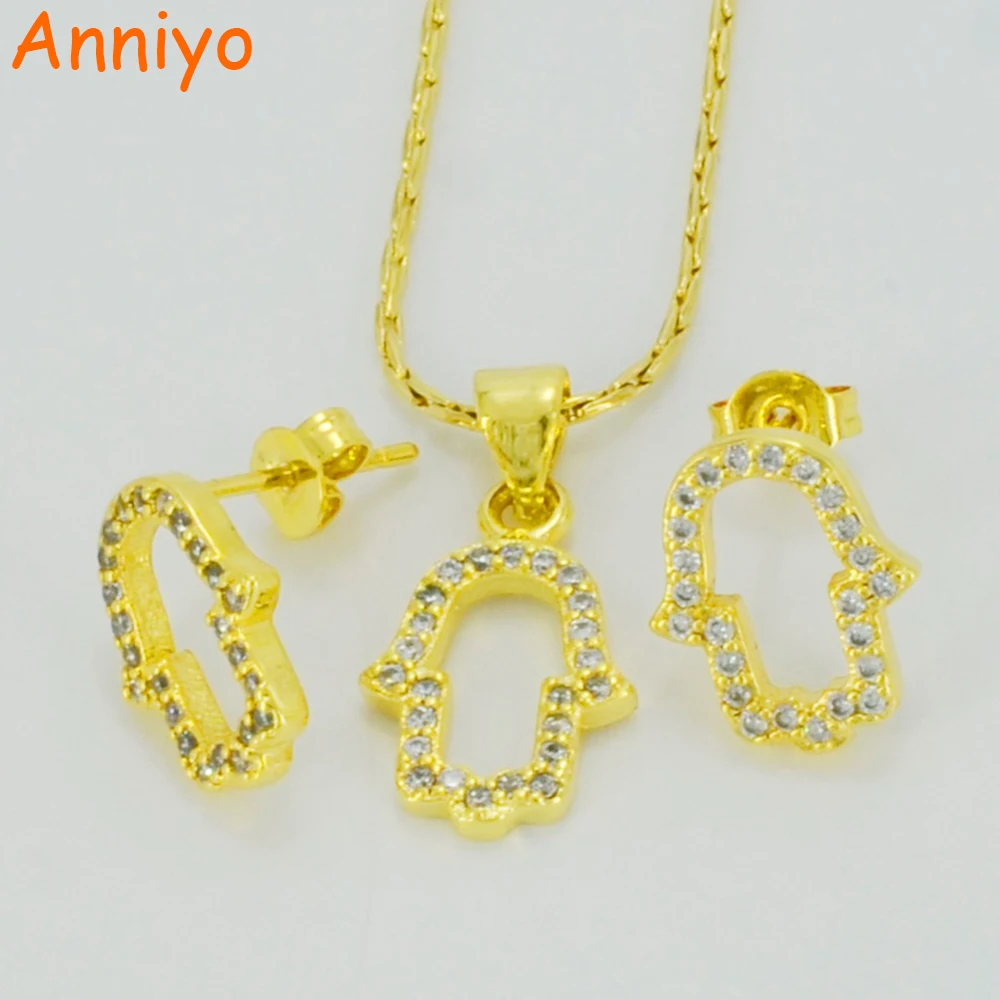 Комплект ручек Anniyo из циркония Hamsa детское ожерелье/серьги золотой цвет CZ Hamesh