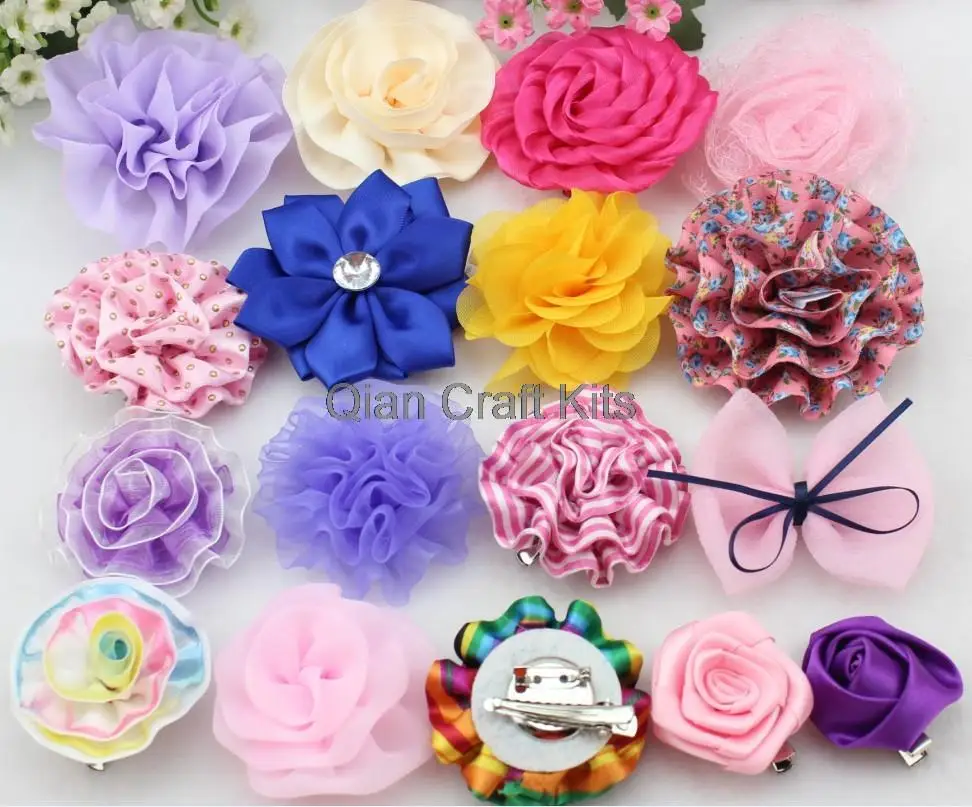 

15pcs large satin chiffon handmade original Fabric Flower Clip w/ brooch pin mix patterns Flower Pin Bridesmaid Hair Piece