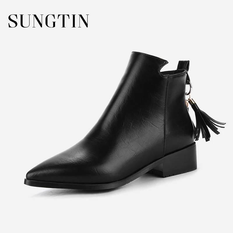 

Sungtin 2018 New Women Chelsea Boots Fashion Fringe Zipper Ankle Boots Ladies Chunky Heel Pointed Toe PU Leather Shoes Black
