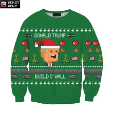 2017 Christmas Trump Photo 3D Cartoon Pattern Build O’ Wall Green Sweater Creative Boys Girls Holiday Gift Sports Warm Sweater