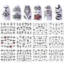 12 вариантов дизайна наклейки для воды Переводные черные наклейки для ногтей цветы перо сова обертывания Маникюр Ожерелье декор татуировки Советы JIBN973-984