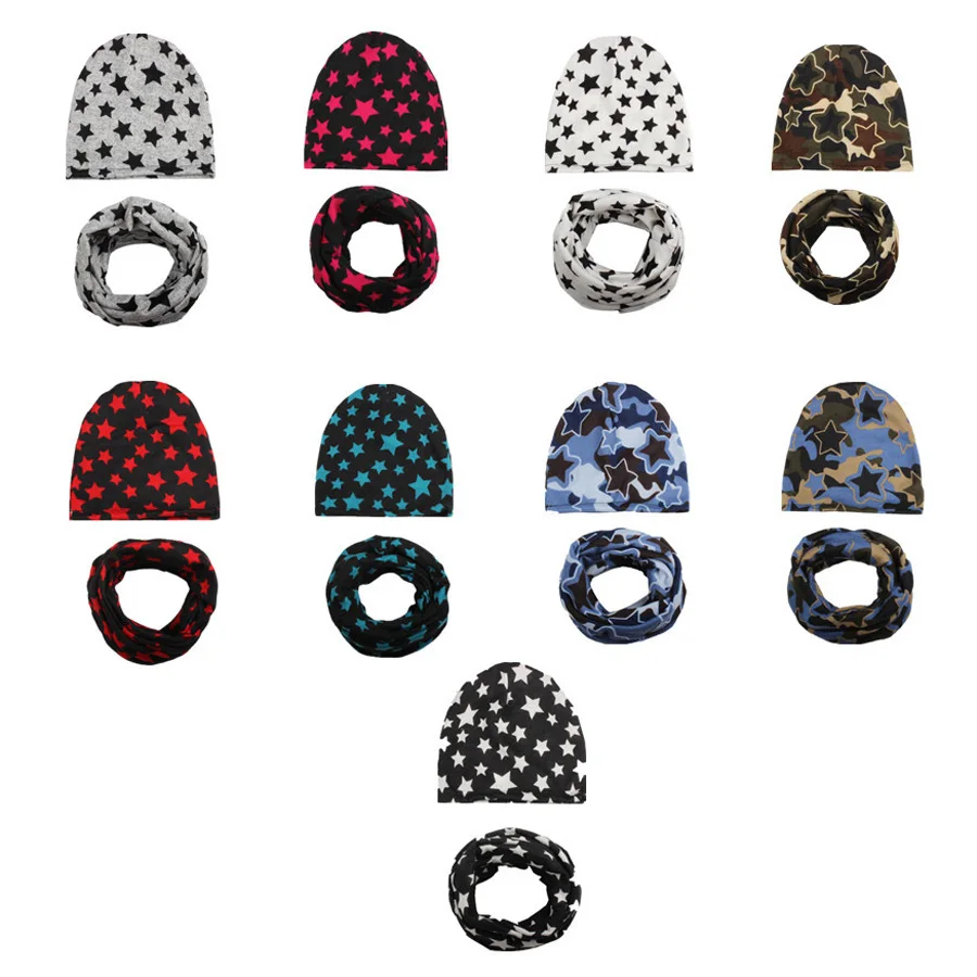 Autumn Winter Cotton Baby Hat Boys Girls Stars Beanies with Scarf New Spring Baby Knit Collar Scarf Beanie Cap Headgear Set (2)