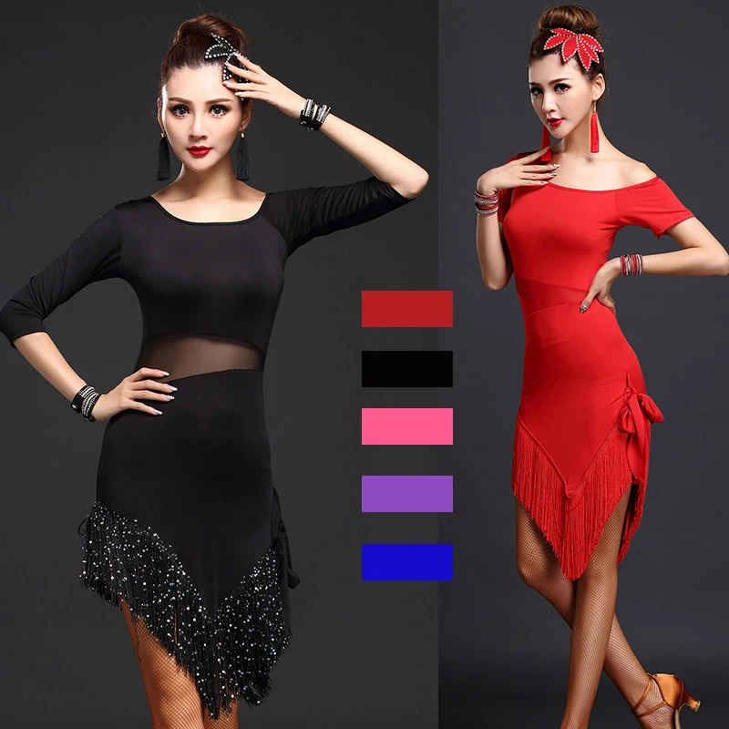 

2019 New Brand Black Red Latin Dance Dress Women Smooth Fringe Tango Dress Rumba Skirt Samba Costume Ballroom Latin Dress