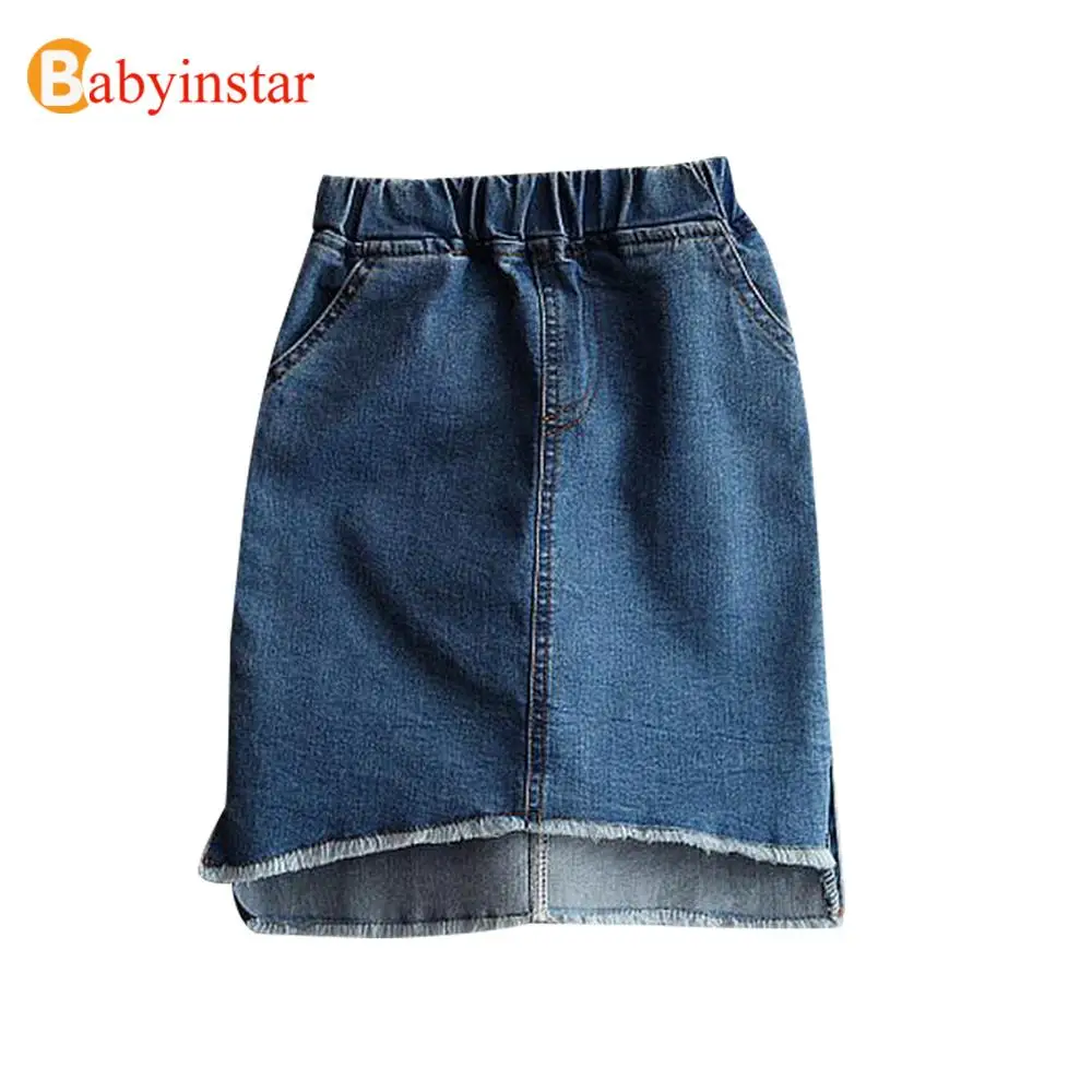 Babyinstar/ Летняя короткая джинсовая юбка трапециевидной формы с бахромой сбоку для девочек Модная Джинсовая юбка с высокой талией Асимметричные детские юбки