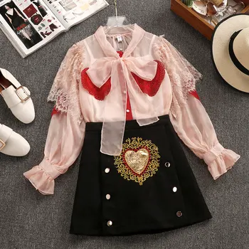 

Top and Skirts Sets for Women Spring Fairy Lace Long Sleeve Chiffon Blouses + Double Breasted Short A-line Skirts Students Suits