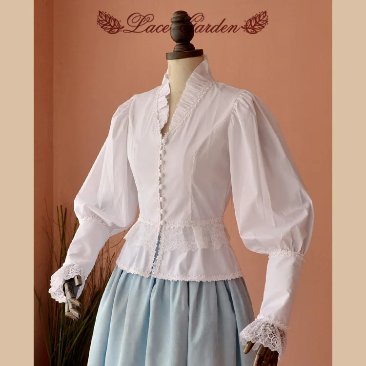 Victorian women lantern sleeve shirt Royal court tops vintage gothic lolita costume office shirt Female Splice Cotton blouse (2)