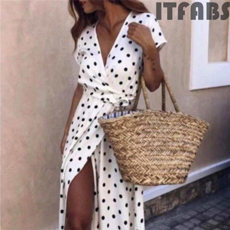 

2019 Womens Summer Long Dress Ladies Short Sleeve Beach Party Dot Sundress femme women Sexy Deep V-neck dress