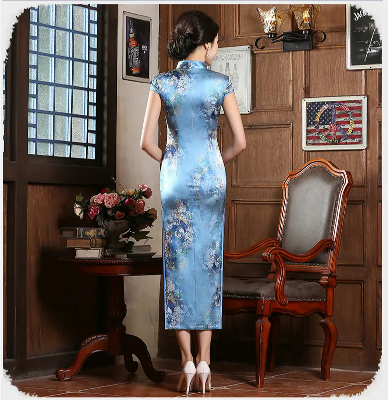 Весна шелк Cheongsam оптовая продажа Длинные китайское традиционное платье с цветочным принтом без рукавов Qipao вечернее платье с высокими