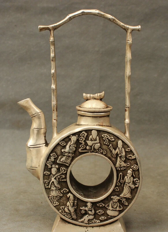 

fast shipping USPS to USA S1410 8" Chiense Silver Buddhism 8 immortal God Statue Auspicious Hold Teapot Wine Pot