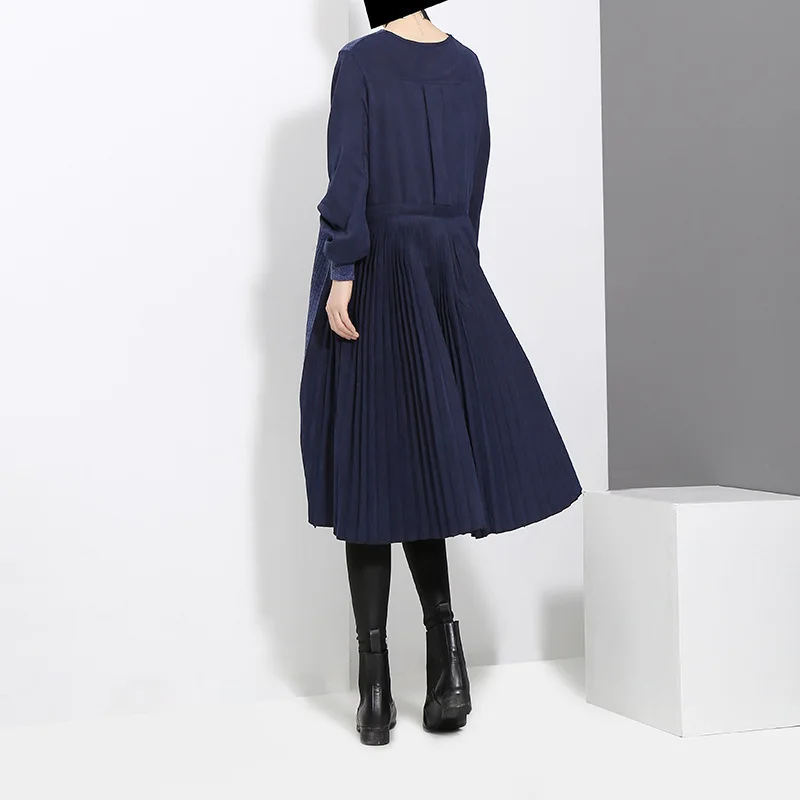 [EAM]2019 New Spring Winter Round Neck Long Sleeve Back Pleated Split Joint Irregular Loose Blue Dress Women Fashion JD487