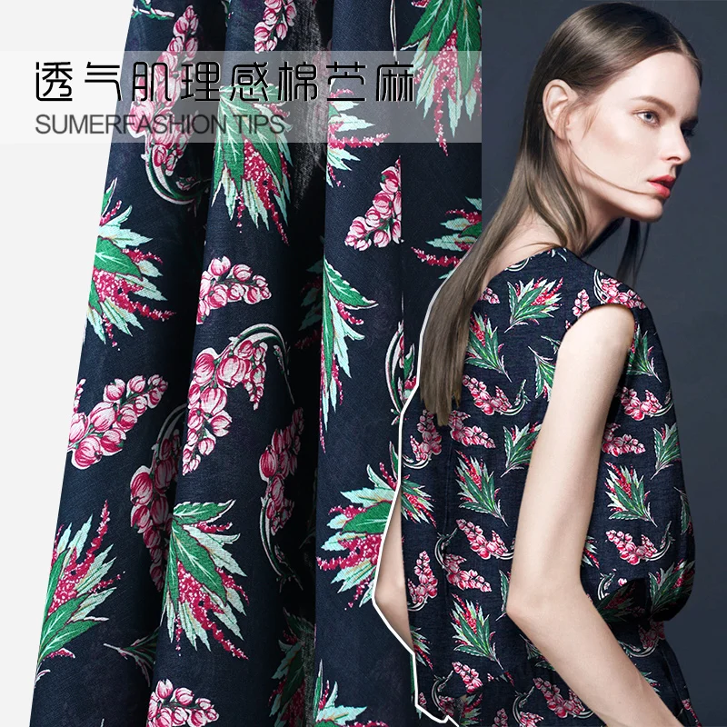 

2017 summer new thin section ramie printed fabrics Campanula micro-translucent cotton breathable dress cloth wholesale