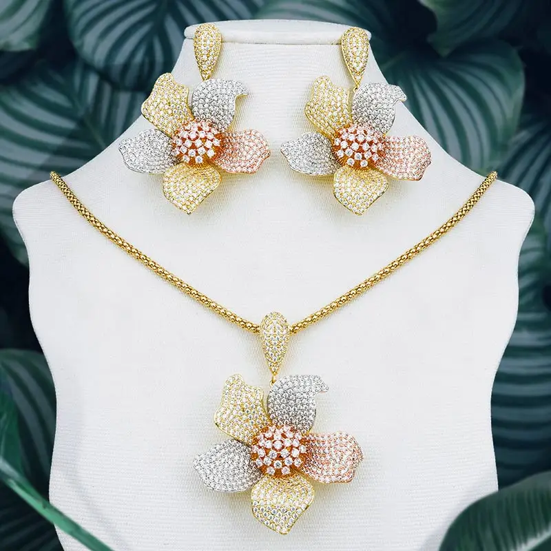 

ModemAngel Elegant Flower Wheel Pendant Necklace And Earring Set 3Tone Full Cubic Zircon Copper Women Wedding Engagement Jewelry