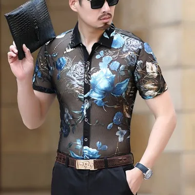 Изысканная шелковая Роскошная рубашка с короткими рукавами и 3d цветочным узором, летняя Новинка, высокое качество, дышащая мужская рубашка M-3XL - Цвет: as picture