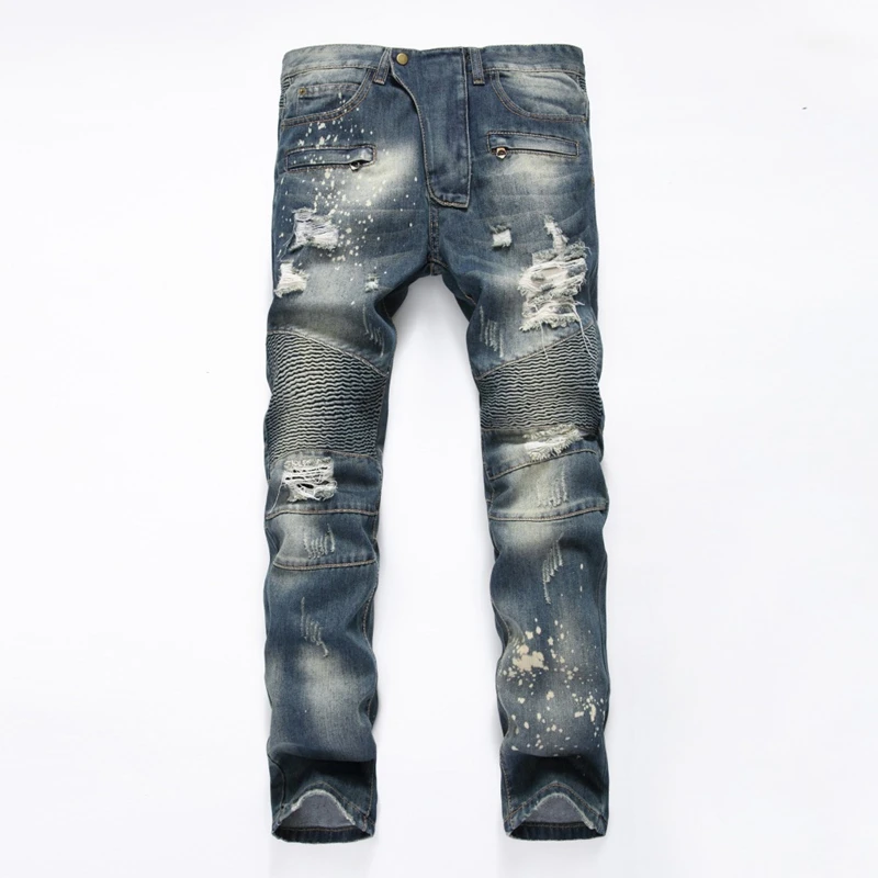 Stile Americano europeo Patchwork Strappato Foro Ginocchio Zip Biker Jeans  Uomo Marca Slim Distrutto Strappato Jean Distressed Denim  Pantaloni|distressed denim|denim pantsbiker jeans - AliExpress