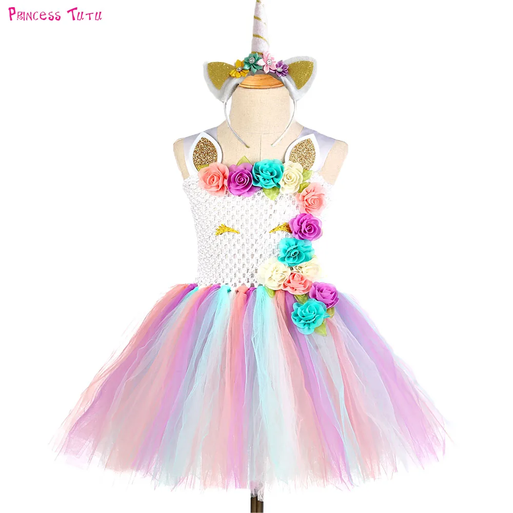 Halloween Girl Unicorn Tutu Dress with Horns Cute Baby Girls Flowers