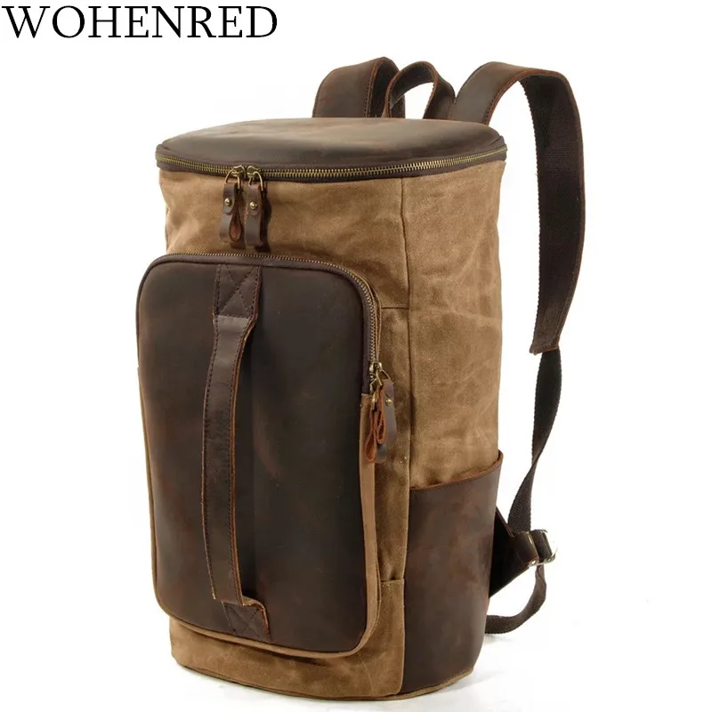 

WOHENRED Leather Canvas Backpack For Men Large School Laptop Bookbag Vintage Waterproof Weekend Travel Duffel Rucksack Male