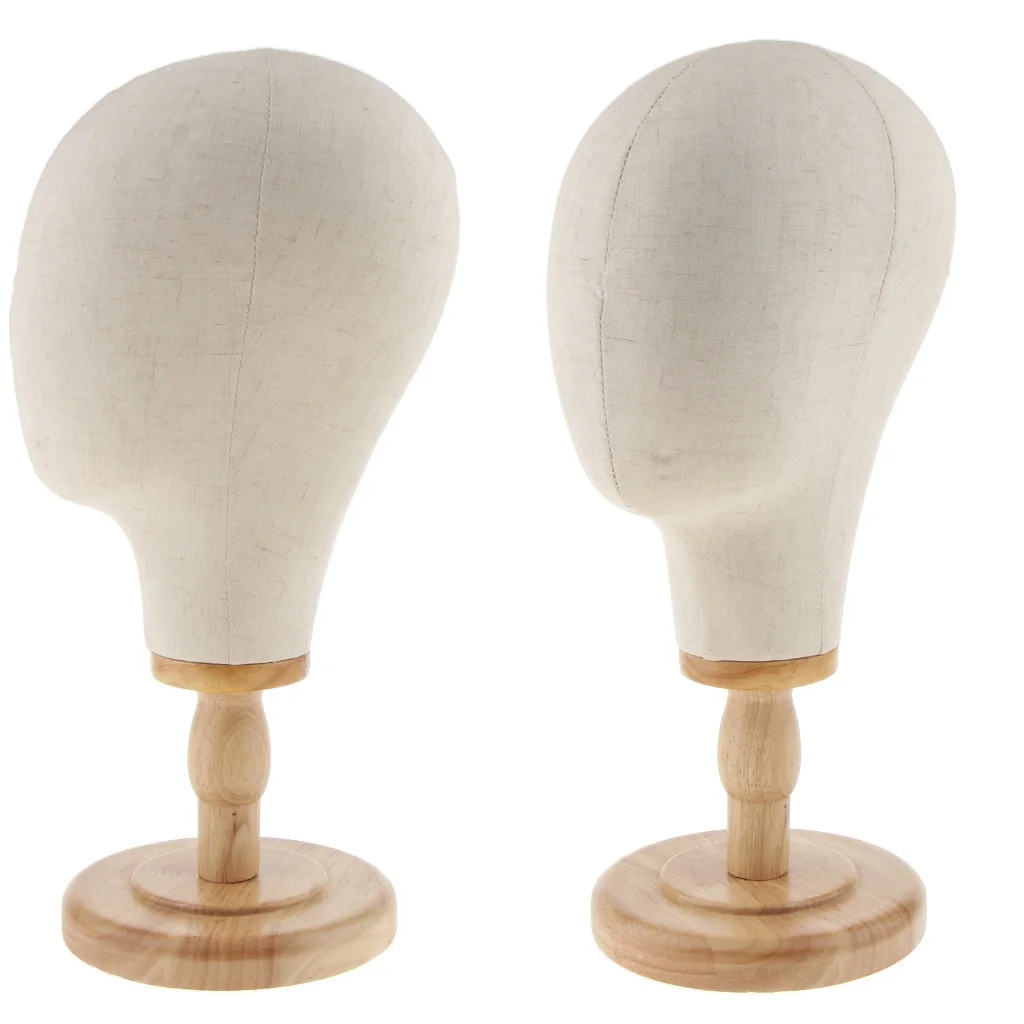 2x 21inch Hats Caps Display Canvas Cork Block Mannequin Head Model + Detachable Wood Stand