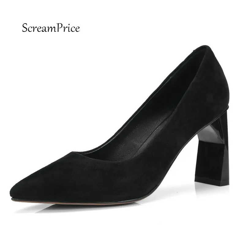 

Woman Square High Heel Suede Lazy Pumps Fashion Pointed Toe Dress High Heels Ladies Black Brown