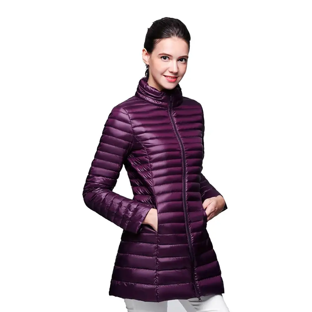 Зимнее женское пальто из 90% белого утиного пуха, теплая длинная куртка, осенняя Женская Ультралегкая пуховая куртка, тонкая однотонная парка с длинным рукавом 3XL 4XL - Цвет: Purple
