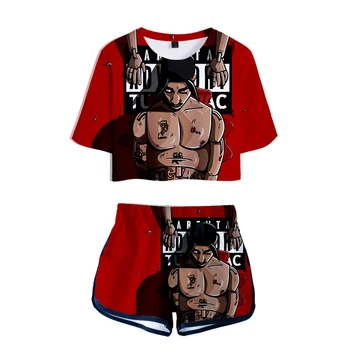 

2PAC Printed Women two piece set New game Oversize Navel short sleeve and 2PAC Short Pants O-neck Summer two piece set