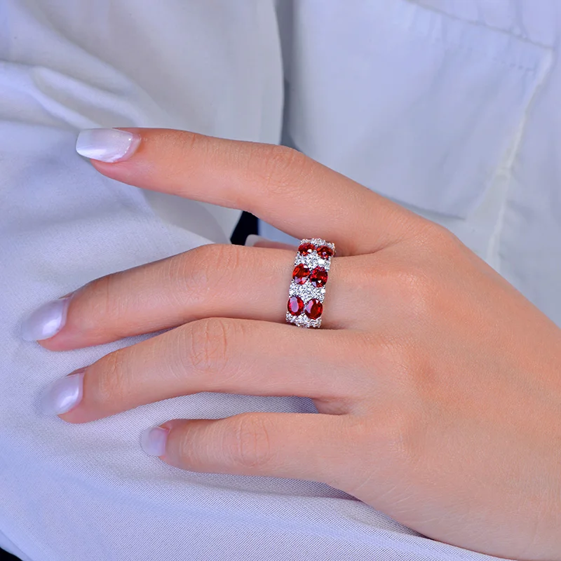 Caimao 3.83ctw Natural Red Ruby Brilliant Cut Diamond 14kt White Gold Engagement Wedding Band Half Eternity Unisex