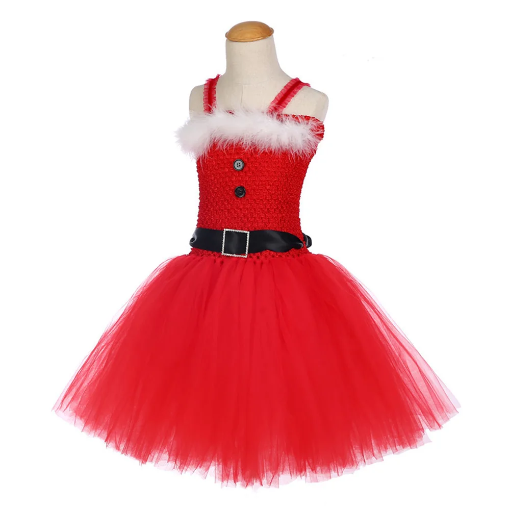 Girls Christmas Santa Winter Dress with Feather and Sashes Handmade Red Puffy Dress for Kids Birthday Tutu Party Dress Clothes (3)