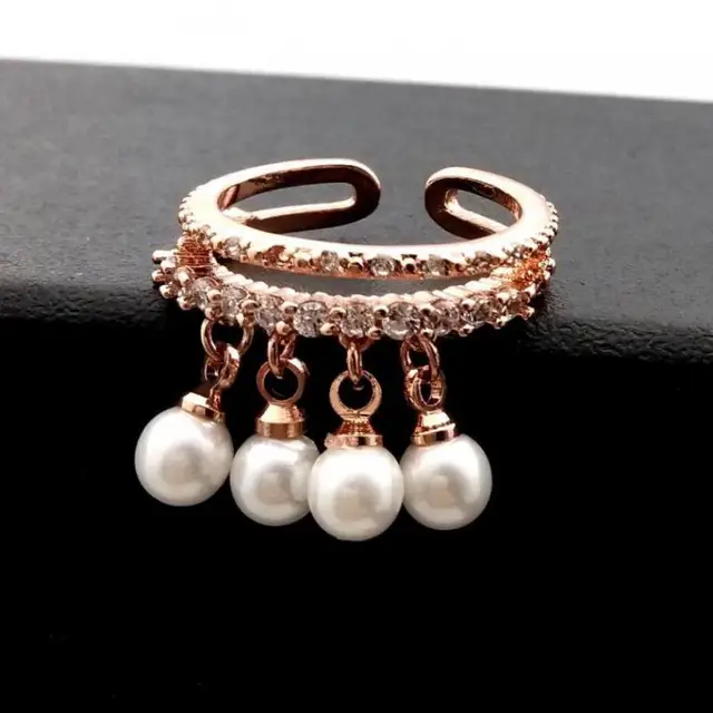 Women Adjustable Ring Rose Gold-color  Simulated Pearl Jewelry Rings With Micro Pave Zircon Decoration Fine Gift