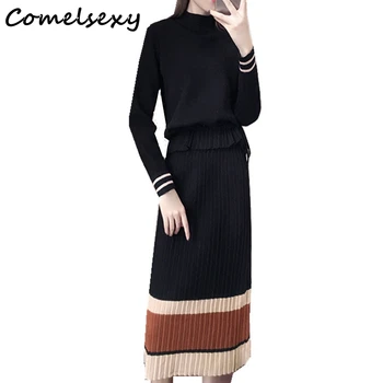 

Women Ol Elegant V Neck Long Sleeve Sweater Pullovers + Pencil Pleated Skirts 2 Pieces Sets 2019 Spring Casual Clothing Suits