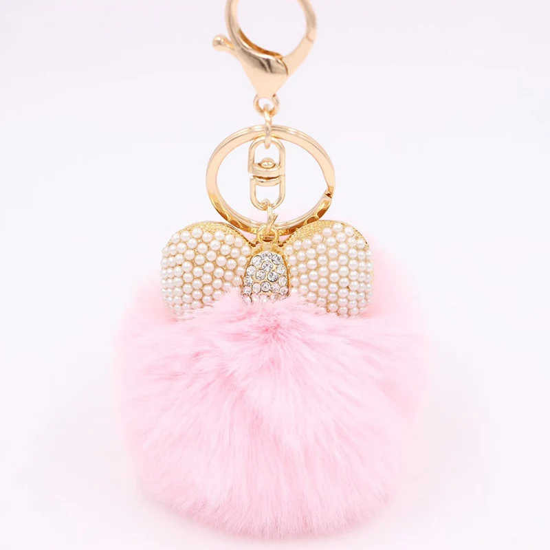 Пушистый помпон из искусственного меха кролика брелок с шариком жемчугом бантом подвеска для ключей сумок ключи аксессуары chaviro Подарки для женщин брелок - Цвет: Lt Pink