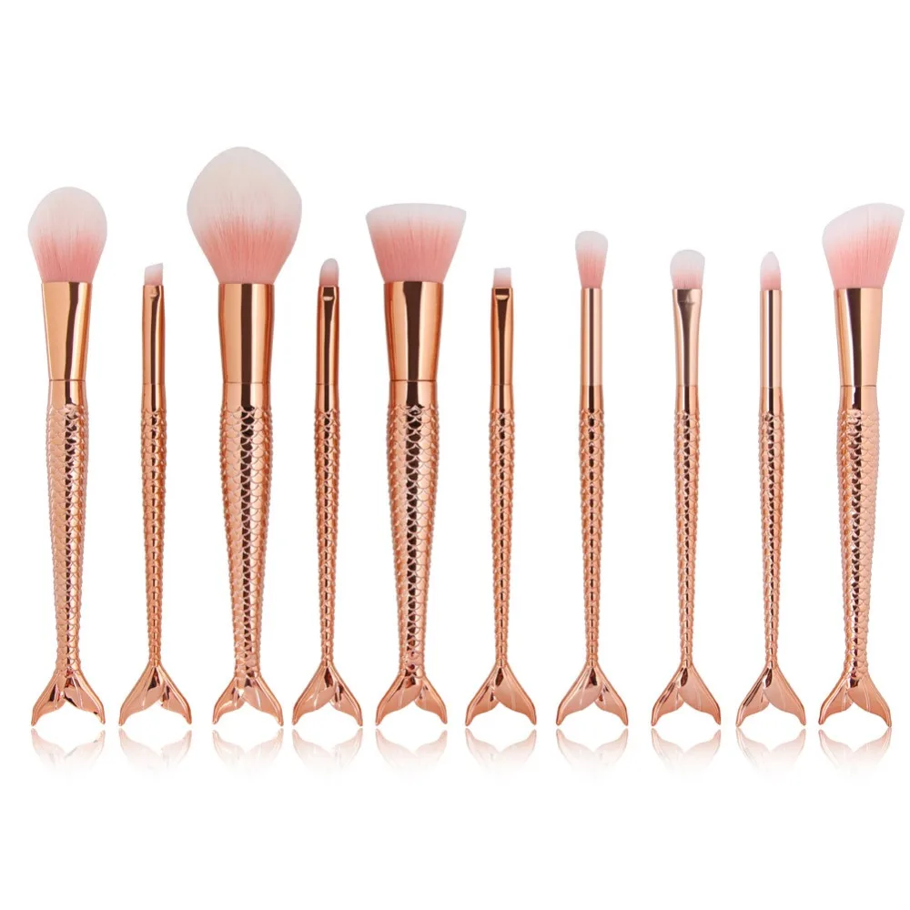 

10pcs Rosegold Mermaid Makeup Brush Power Foundation Blusher Fishtail Shape Makeup Brushes Set Kits Multipurpose Makeup Brush