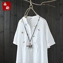 2017 new cotton and linen Crochet cutout 100% loose cotton embroidery shirt female summer one-piece dress short-sleeve