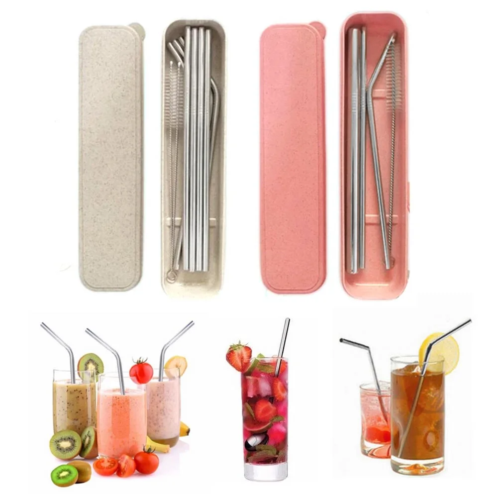 

Box Packing Stainless Steel Metal Drinking Straw Reusable Bend Indent / Straight Straws + Cleaner Brush For Mugs