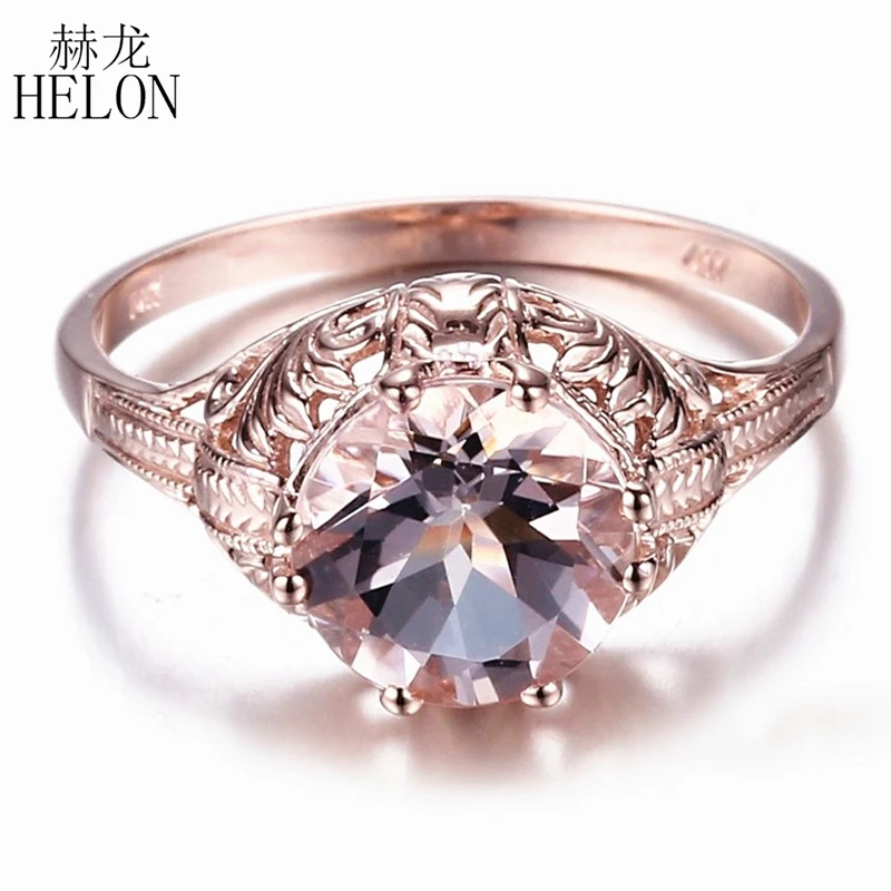 HELON Flawless 8mm Round Pink Morganite Ring Solid 14K Rose Gold Wedding Gemstone Ring Vintage Style Engagement Art Deco Ring