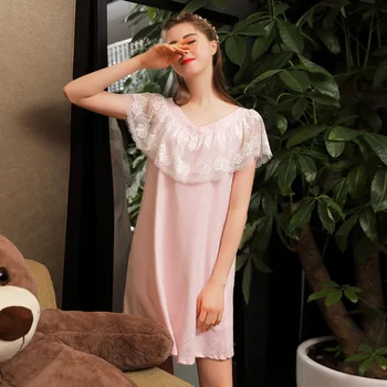 

NEW Lace Sleeveless Cotton Sleeping Dress Woman Summer V-Neck Lovely Sweet Sleepwear Sexy Palace Princess Sleep Dress Night Wear