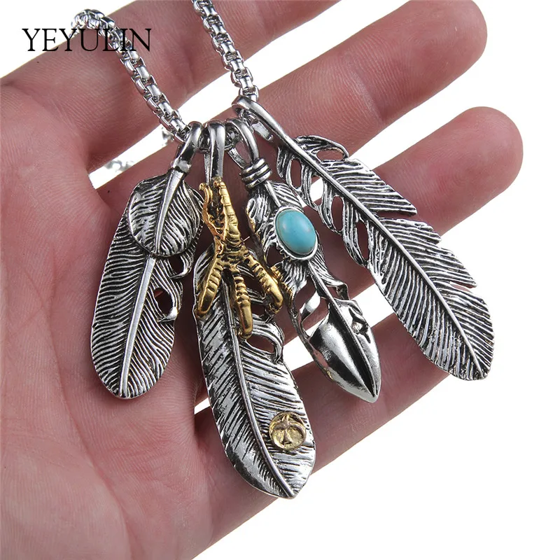 Высококачественный античный серебряный сплав, богемное ожерелье с кулоном из четырех перьев для женщин и мужчин, ювелирные изделия