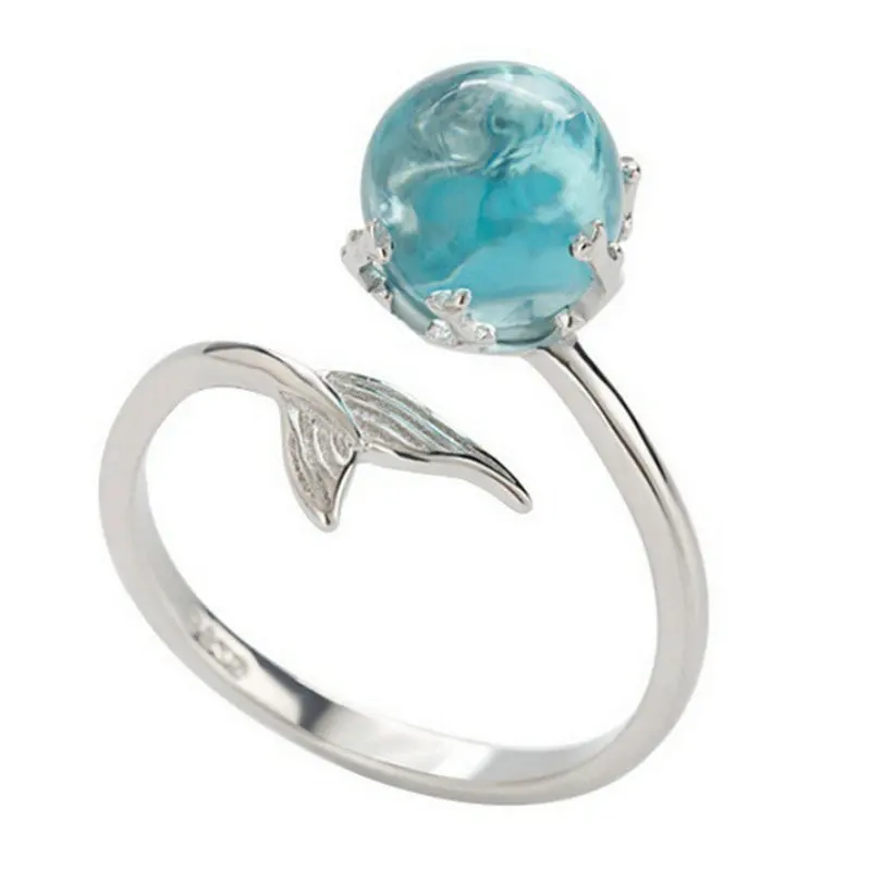 

S925 Blue Crystal Fishtail Blogger Opening Ring Mermaid Bubble Ring TIKTOK Recommend Beautidul Crystal Ring For Women