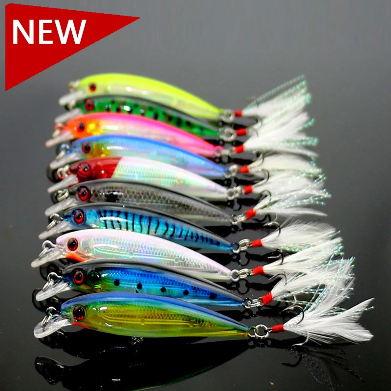 Fishing Lure Wobbler Laser Minnow 6# Feather hook Plastic Artificial hard lure Lifelike bait 10 pcs/lot 10 colors 9cm-8g (MI094)