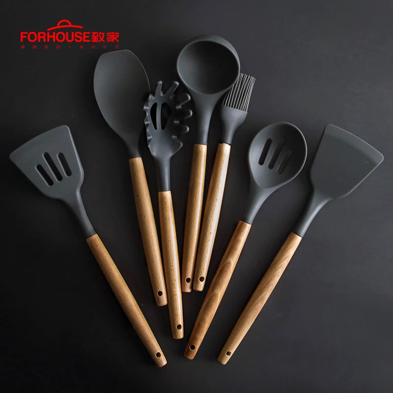 

8pcs/set Food Grade Silicone Wood Handle Cooking Utensils Cookware Kitchen Cooking Tools Spatula And Ladle Kitchenware