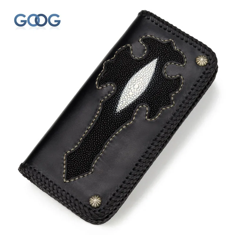 

Pearl fish skin wallet hand money chuck first layer of cowhide weave retro personality Ha Lei wind wallet long tide cool