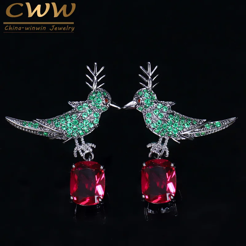 

CWWZircons 2018 New Fashion Micro Pave Red Green Cubic Zircon Crystal Lucky Bird Drop Earrings Jewelry 925 Silver Pin CZ141