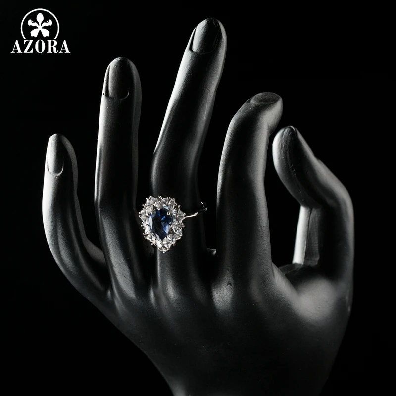 AZORA New White Gold Color Engagement Ring for Women Trendy Party Jewelry Luxury Blue Cubic Zirconia Flower Jewelry Rings TR0172