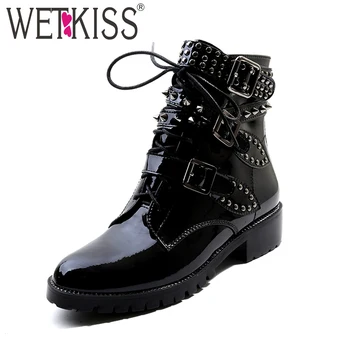 

WETKISS Thick Heels Women Ankle Boots Round Toe Rivet Footwear Patent Leather Motorcycle Lady Boots Punk Shoes Woman 2018 Winter