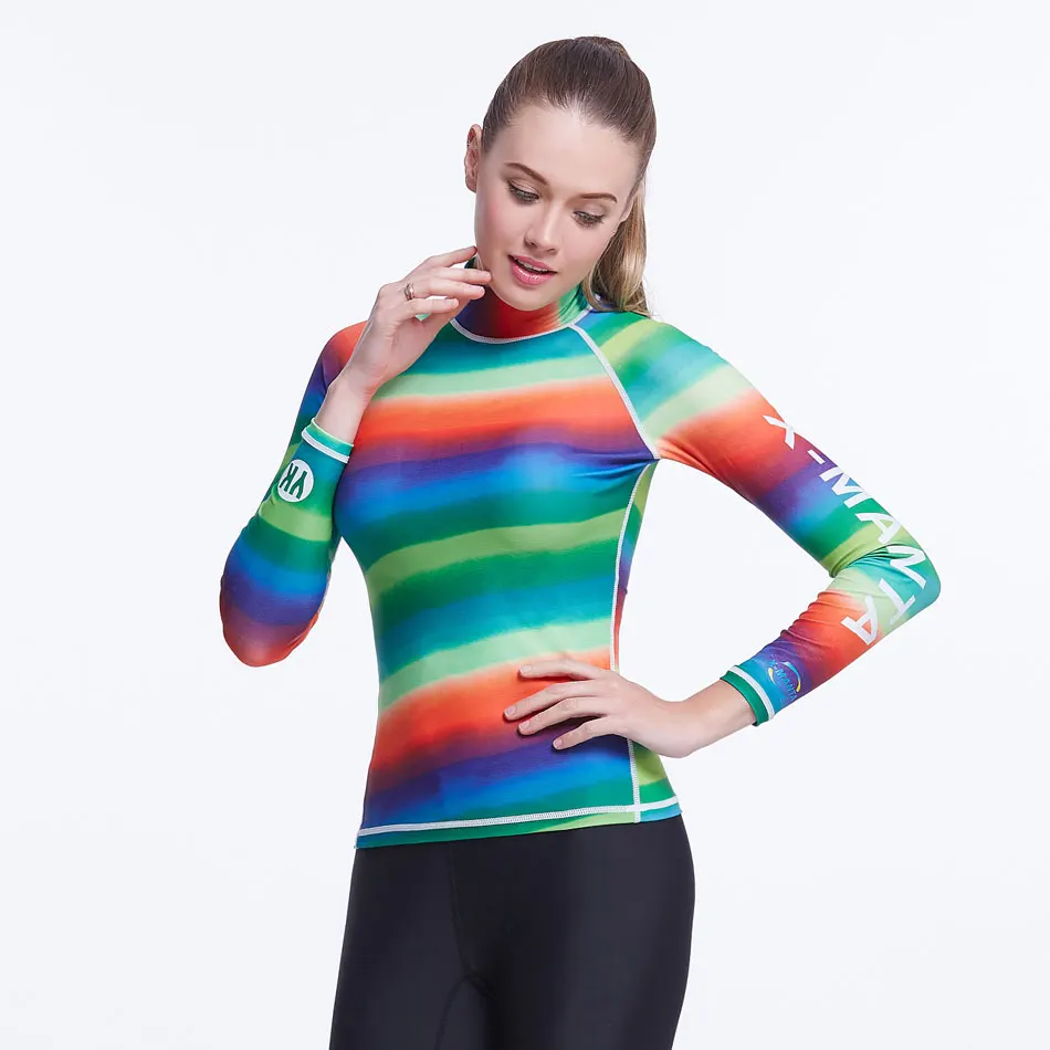 

Fresshiping Women's Rainbow Printed Rash Guard Long Full Sleeve Shirt UV Sun Protection Woman's Basic SkinsTop