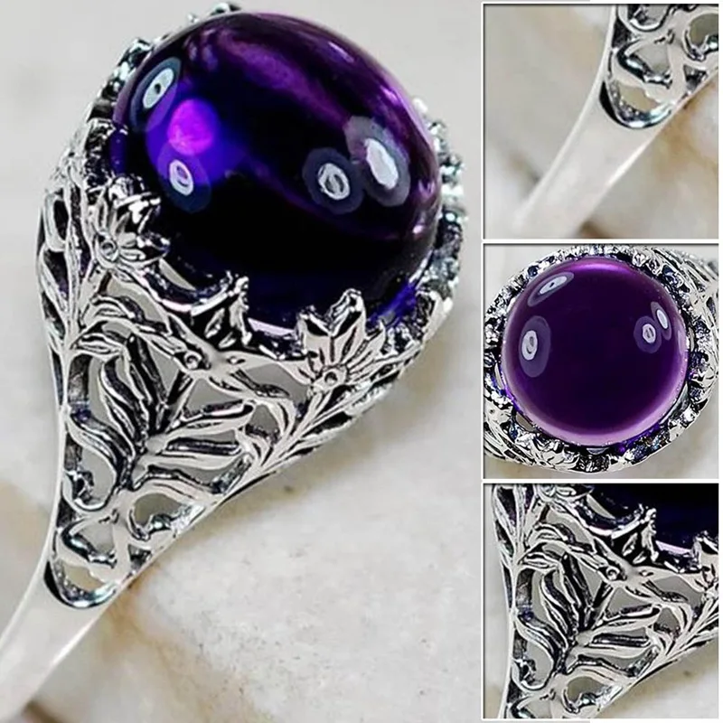 Винтажное женское Большое Серебряное кольцо с фиолетовым кристаллом обручальное кольцо кольца для женщин Boho античные циркониевые Кристальные кольца Подарки