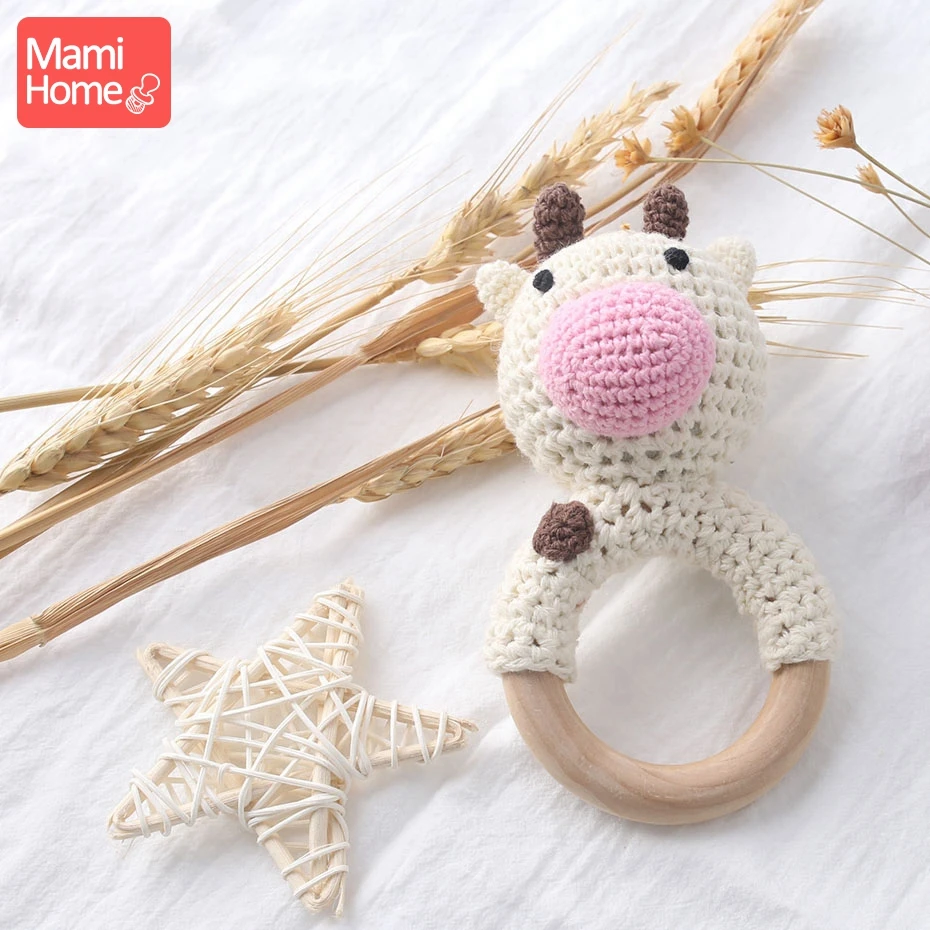 mamihome 1pc Baby Rattle Cartoon Crochet Animal Baby Teether Wooden Ring Handmade Chew Toy BPA Free Wooden Teething nursing gift