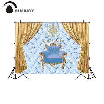 

Allenjoy baby shower backdrop welcome prince blue headboard tuft golden curtain crown children birthday party background banner