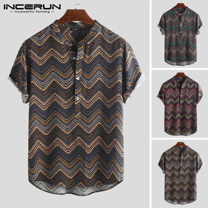 INCERUN Print Men Hawaiian Shirt Stand Collar Camisa Short Sleeve Button Up Tops Vintage Casual Shirts Men Streetwear S-5XL